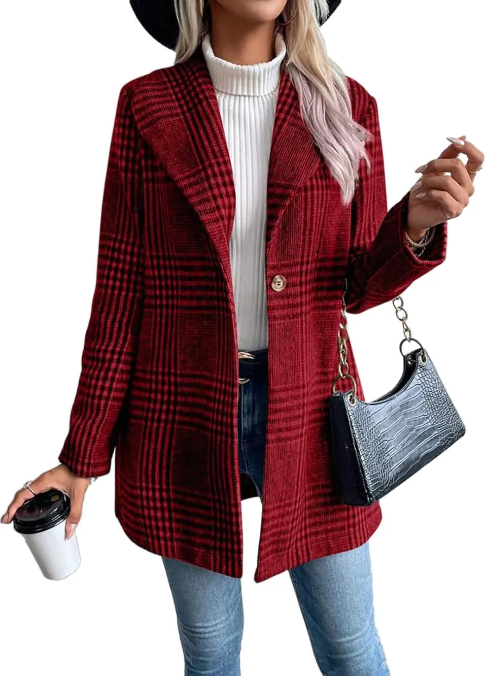 IDEALSANXUN Long Wool Plaid Blazer for Women Fall Outfits Winter Trench Coat Long Sleeve Casual Dressy Lapel Jacket Peacoat
