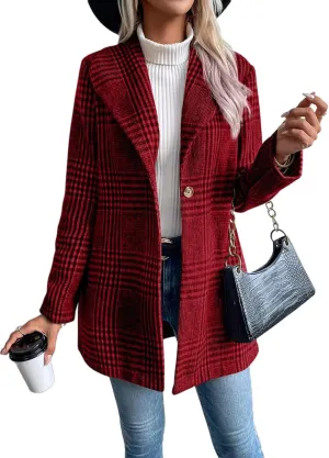 IDEALSANXUN Long Wool Plaid Blazer for Women Fall Outfits Winter Trench Coat Long Sleeve Casual Dressy Lapel Jacket Peacoat