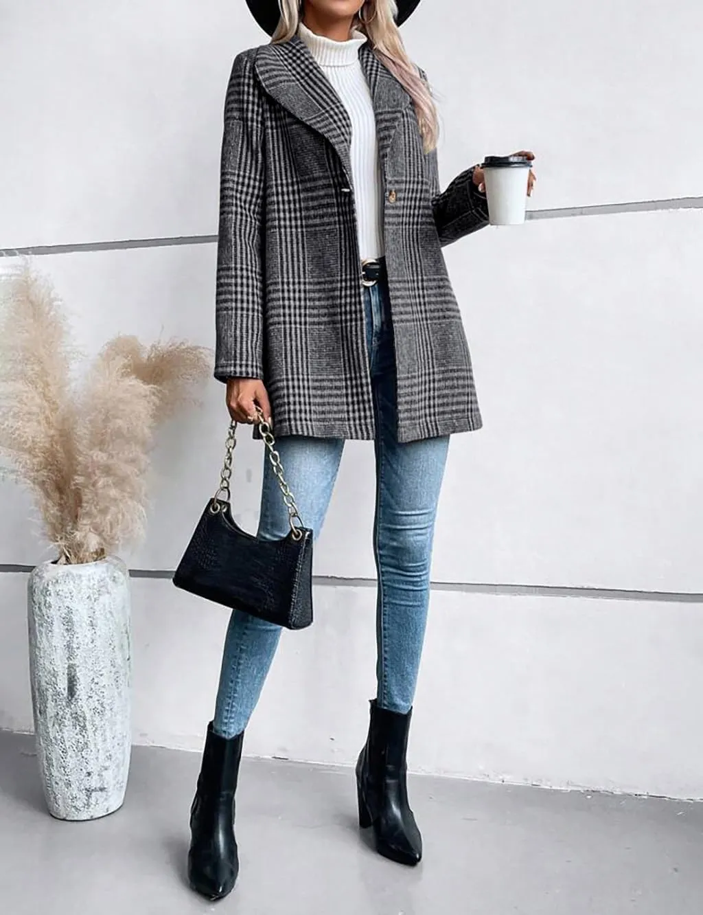 IDEALSANXUN Long Wool Plaid Blazer for Women Fall Outfits Winter Trench Coat Long Sleeve Casual Dressy Lapel Jacket Peacoat