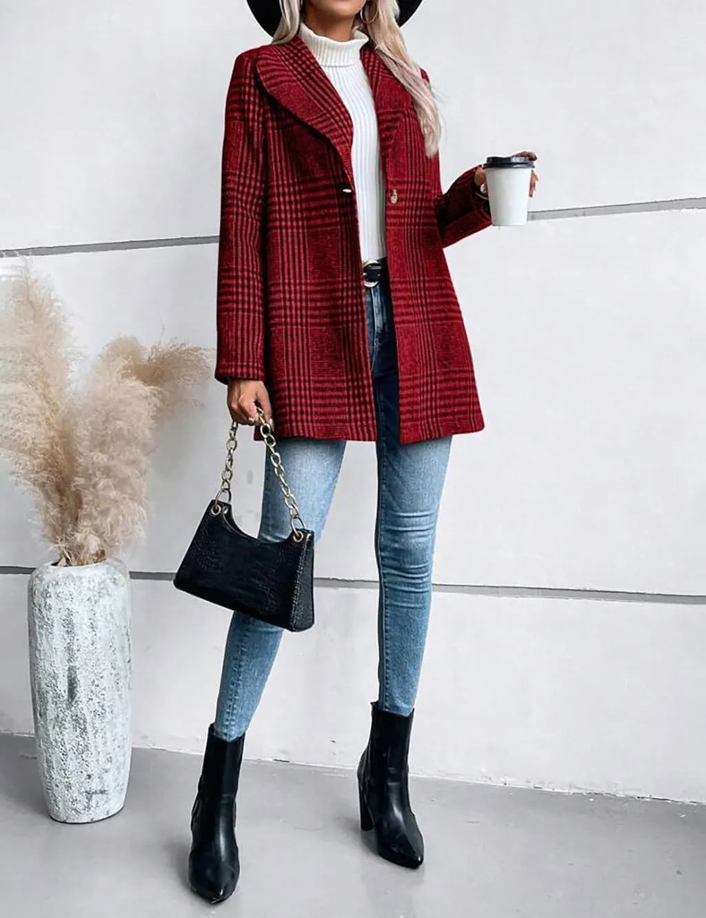 IDEALSANXUN Long Wool Plaid Blazer for Women Fall Outfits Winter Trench Coat Long Sleeve Casual Dressy Lapel Jacket Peacoat