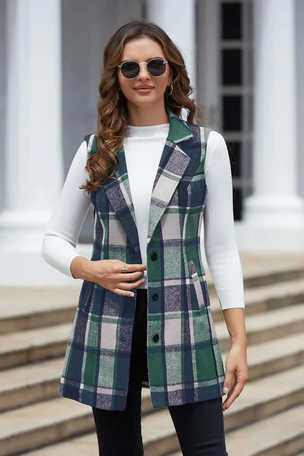 IDEALSANXUN Plaid Vest for Women Fall Winter Sleeveless Blazer Jackets