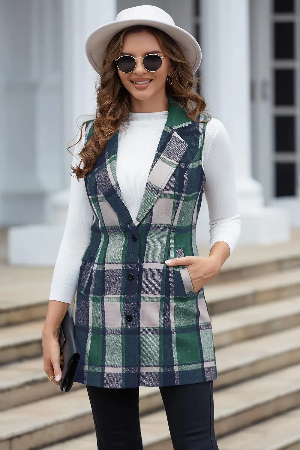 IDEALSANXUN Plaid Vest for Women Fall Winter Sleeveless Blazer Jackets