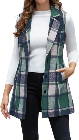 IDEALSANXUN Plaid Vest for Women Fall Winter Sleeveless Blazer Jackets