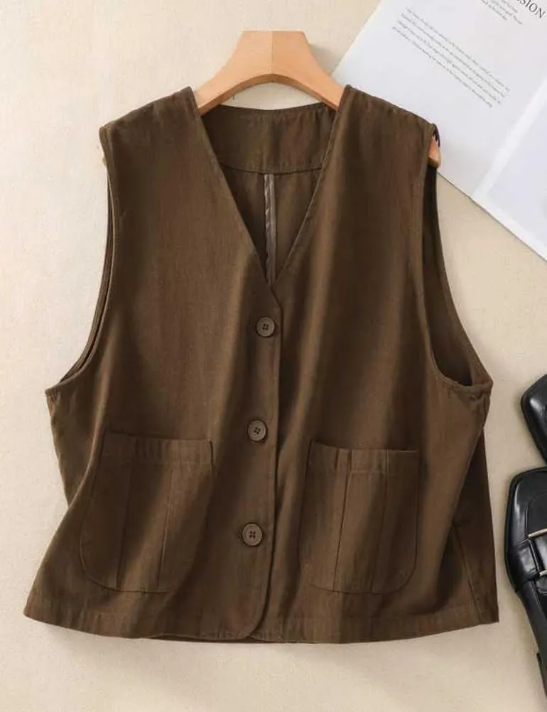 IDEALSANXUN Womens Linen Vest Tops Spring Summer Casual Button Down Sleeveless Blazer Jackets