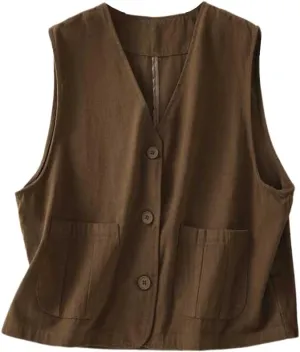 IDEALSANXUN Womens Linen Vest Tops Spring Summer Casual Button Down Sleeveless Blazer Jackets
