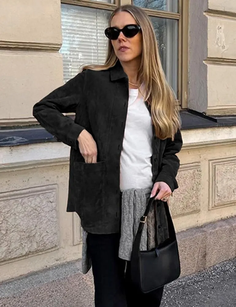 IDEALSANXUN Womens Suede Jacket Fall Winter Casual Oversized Faux Leather Blazer Jackets Trench Coat