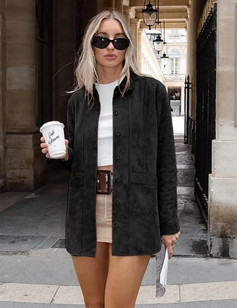 IDEALSANXUN Womens Suede Jacket Fall Winter Casual Oversized Faux Leather Blazer Jackets Trench Coat