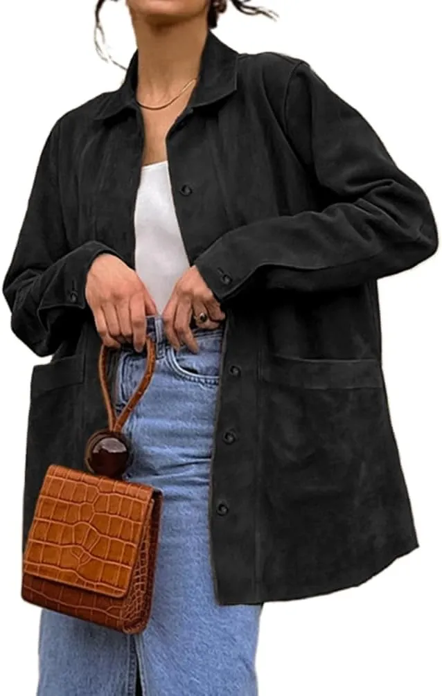 IDEALSANXUN Womens Suede Jacket Fall Winter Casual Oversized Faux Leather Blazer Jackets Trench Coat