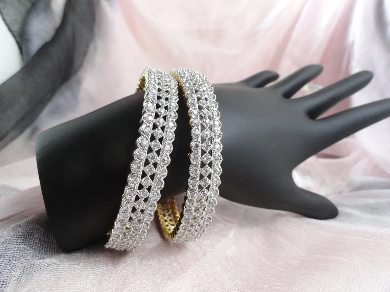 Indian bridal bracelet bangles-gold finish and faux diamonds. White stone, classy, dressy. "Crown Jewel". From Artikrti