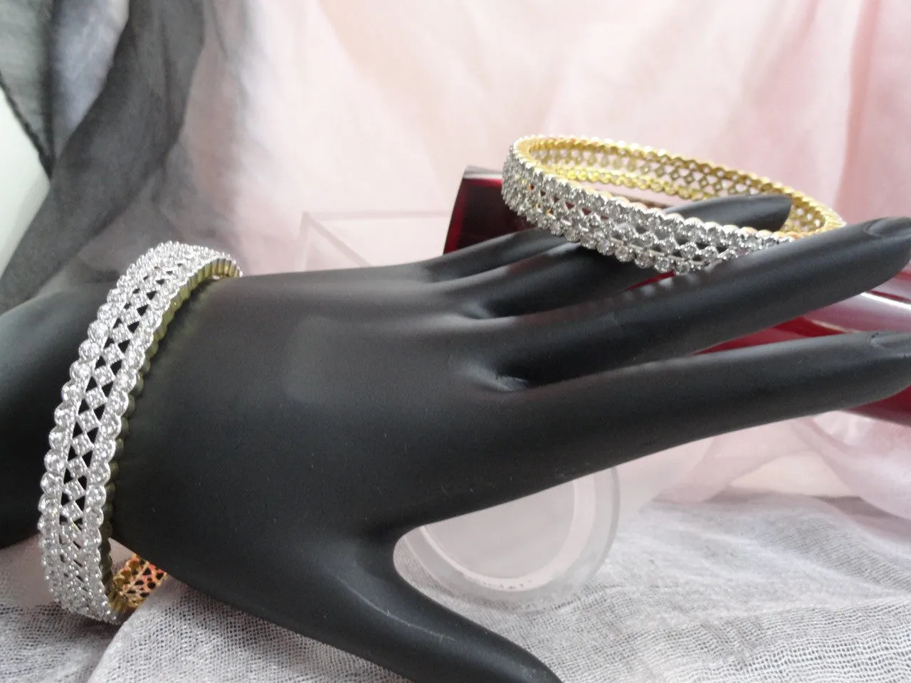Indian bridal bracelet bangles-gold finish and faux diamonds. White stone, classy, dressy. "Crown Jewel". From Artikrti