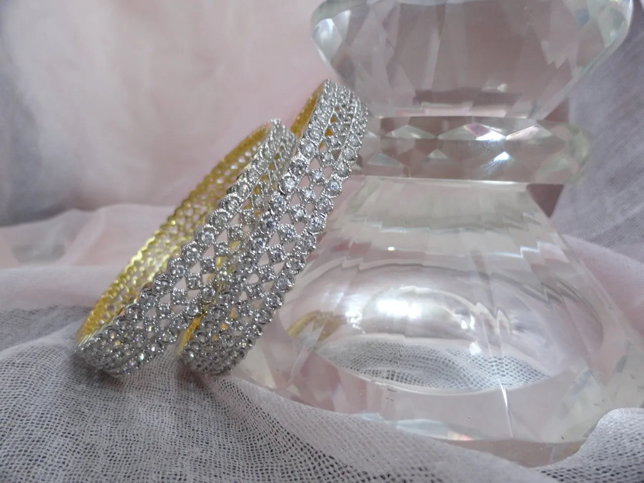 Indian bridal bracelet bangles-gold finish and faux diamonds. White stone, classy, dressy. "Crown Jewel". From Artikrti