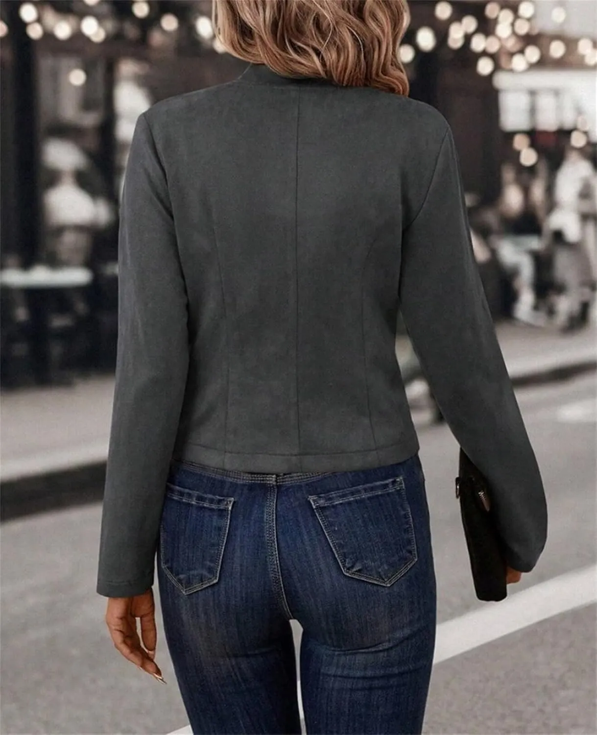 IVERIRMIN Women's Faux Leather Suede Open Front Jacket Dressy Casual Lightweight Cropped Moto Biker Coat Retro Blazer Outwear