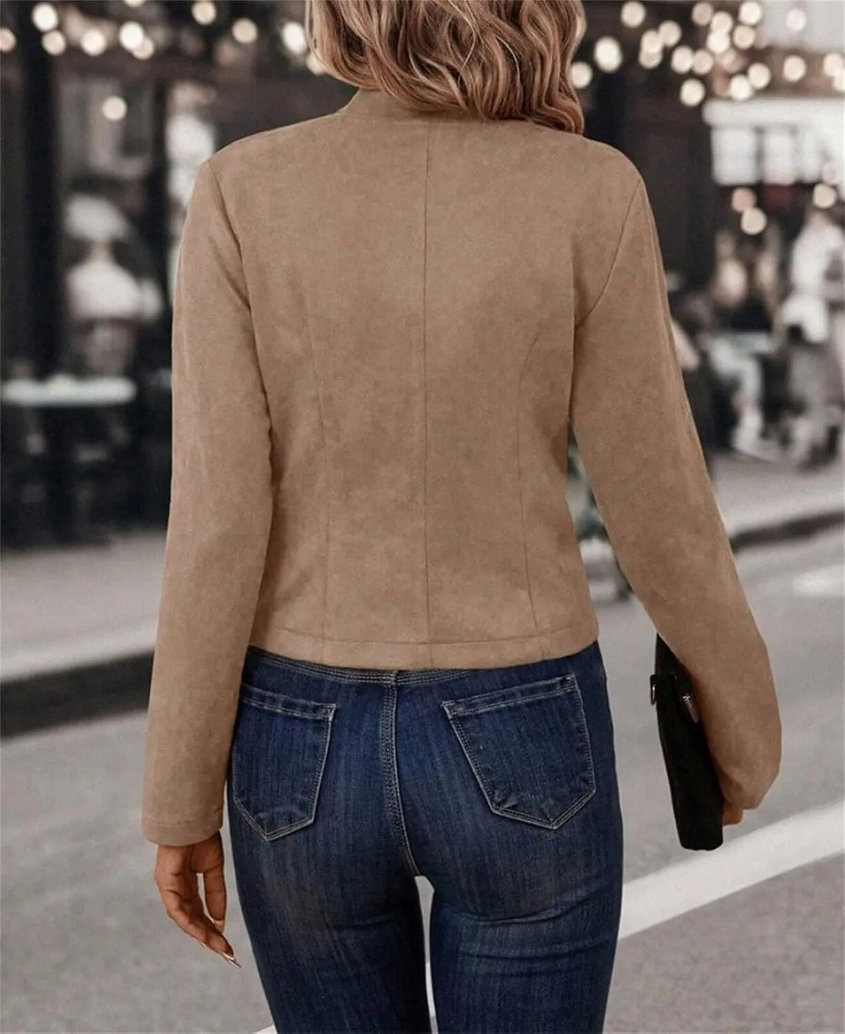 IVERIRMIN Women's Faux Leather Suede Open Front Jacket Dressy Casual Lightweight Cropped Moto Biker Coat Retro Blazer Outwear