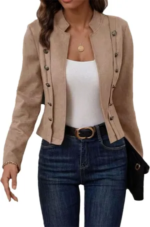 IVERIRMIN Women's Faux Leather Suede Open Front Jacket Dressy Casual Lightweight Cropped Moto Biker Coat Retro Blazer Outwear