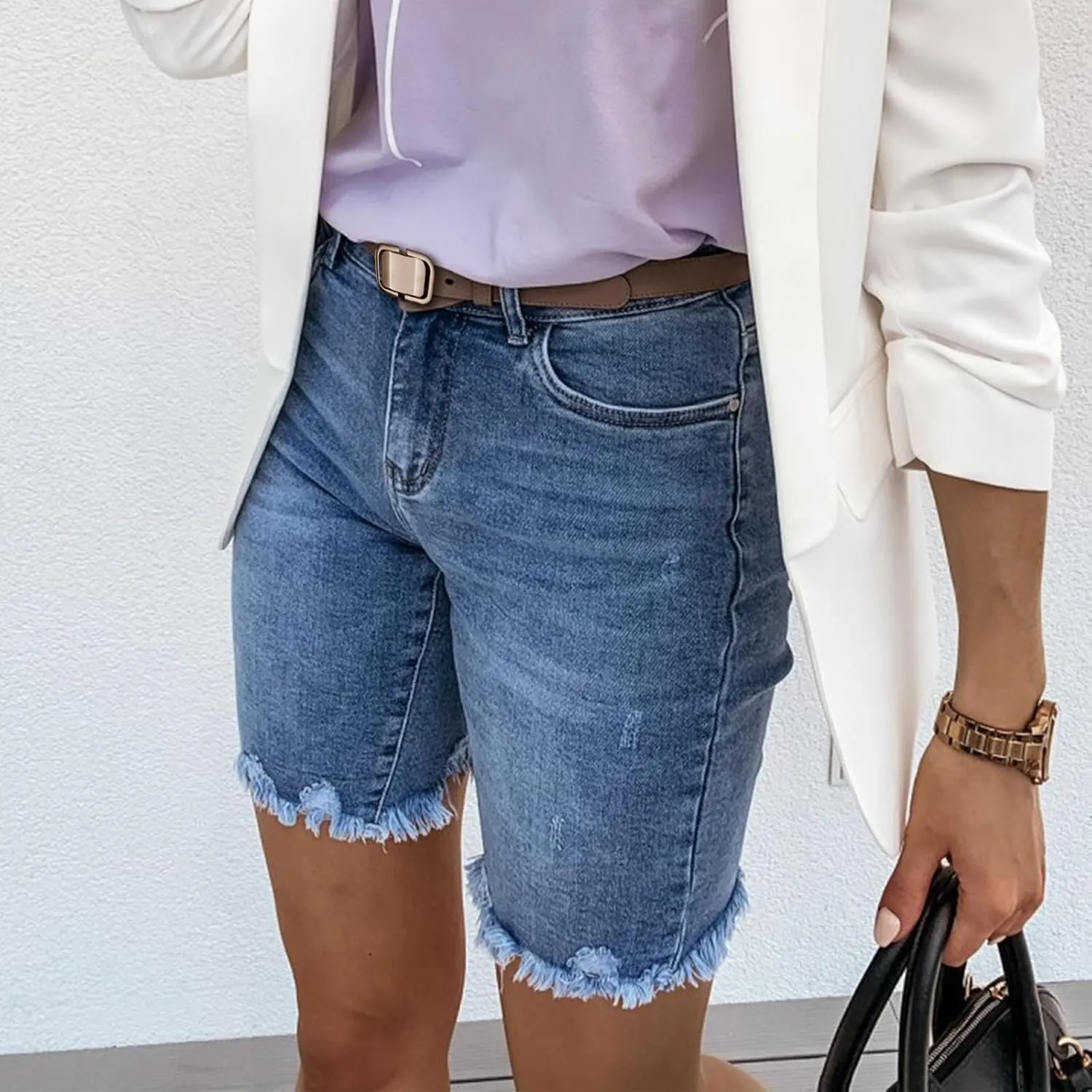 Jean Shorts for Women 2025 Trendy High Waisted Stretchy Denim Summer Casual Raw Hem Mom Long Shorts Cutoff Pants