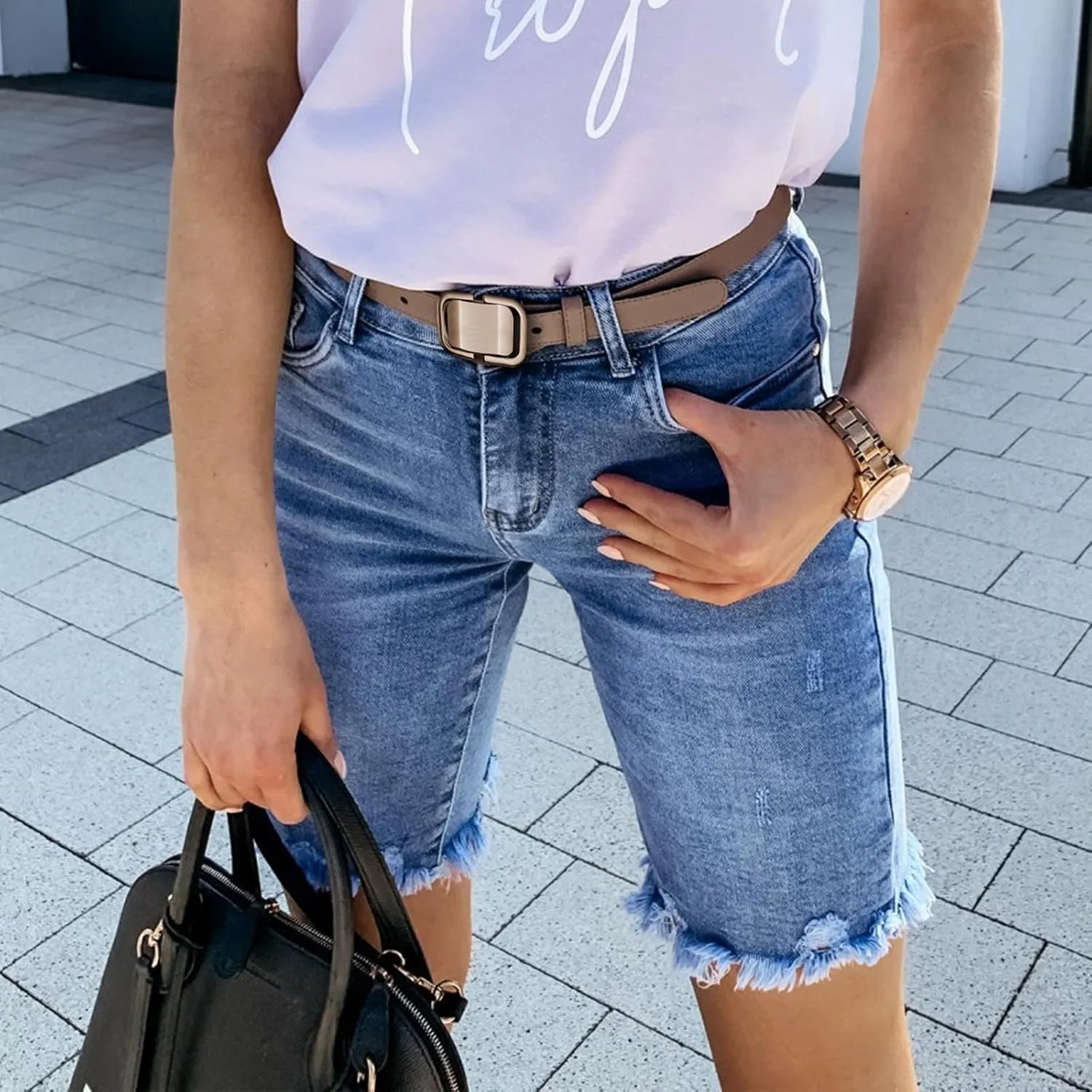 Jean Shorts for Women 2025 Trendy High Waisted Stretchy Denim Summer Casual Raw Hem Mom Long Shorts Cutoff Pants