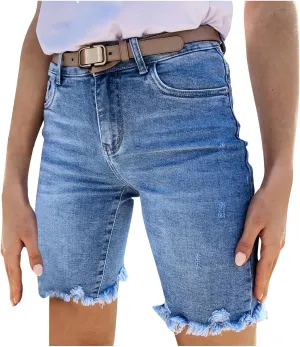 Jean Shorts for Women 2025 Trendy High Waisted Stretchy Denim Summer Casual Raw Hem Mom Long Shorts Cutoff Pants