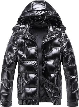 JEsilunmaMY Men's Thermal Shiny Hooded Puffer Jacket Winter Coats Water-Resistant Down Coats Insulated Padded Puffy Coat
