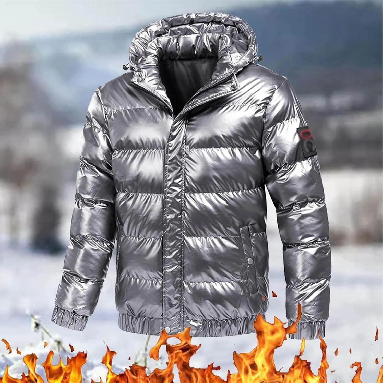 JEsilunmaMY Men's Thermal Shiny Hooded Puffer Jacket Winter Coats Water-Resistant Down Coats Insulated Padded Puffy Coat