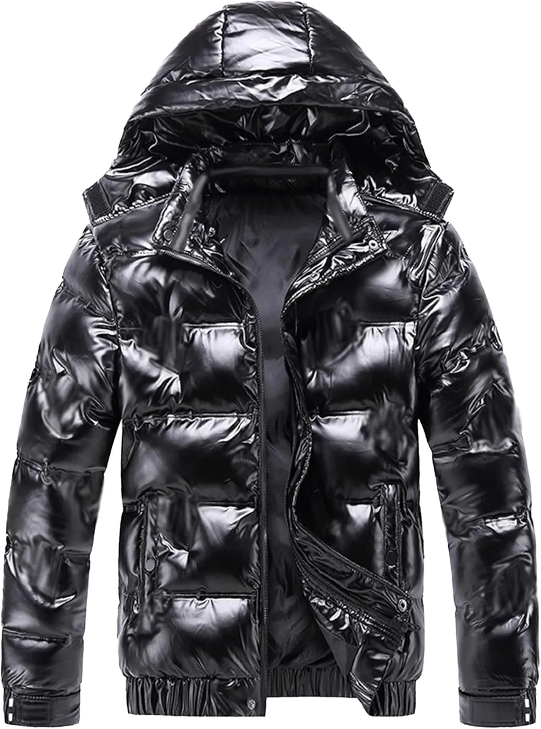 JEsilunmaMY Men's Thermal Shiny Hooded Puffer Jacket Winter Coats Water-Resistant Down Coats Insulated Padded Puffy Coat