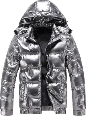 JEsilunmaMY Men's Thermal Shiny Hooded Puffer Jacket Winter Coats Water-Resistant Down Coats Insulated Padded Puffy Coat