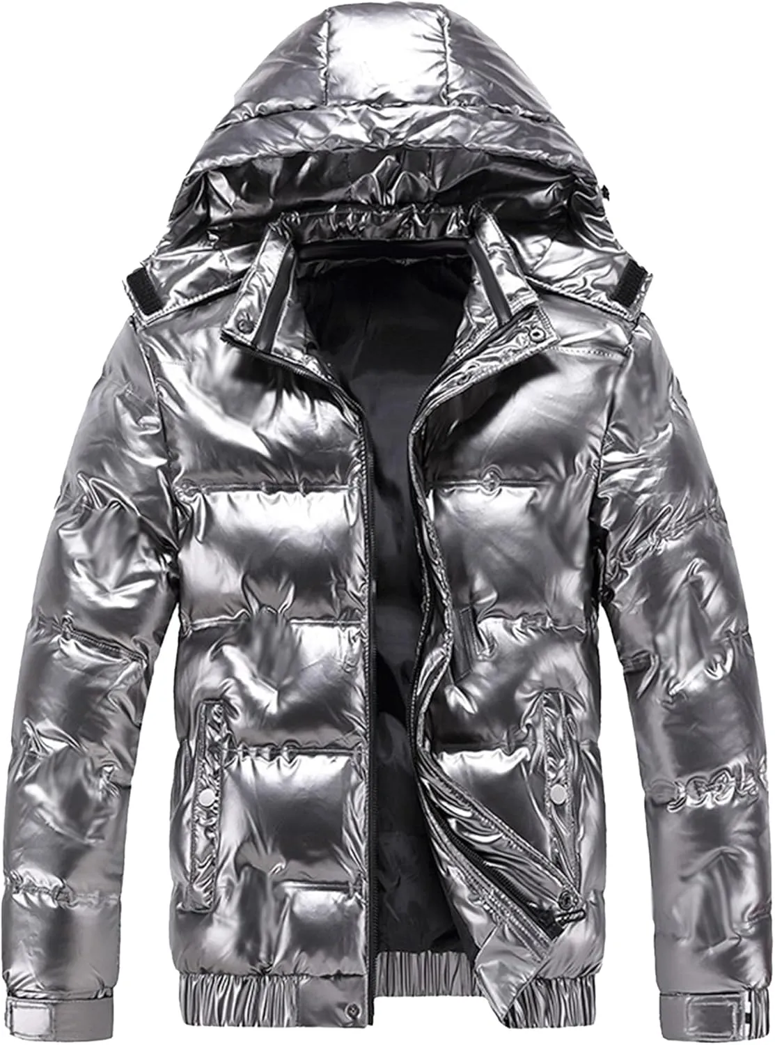 JEsilunmaMY Men's Thermal Shiny Hooded Puffer Jacket Winter Coats Water-Resistant Down Coats Insulated Padded Puffy Coat