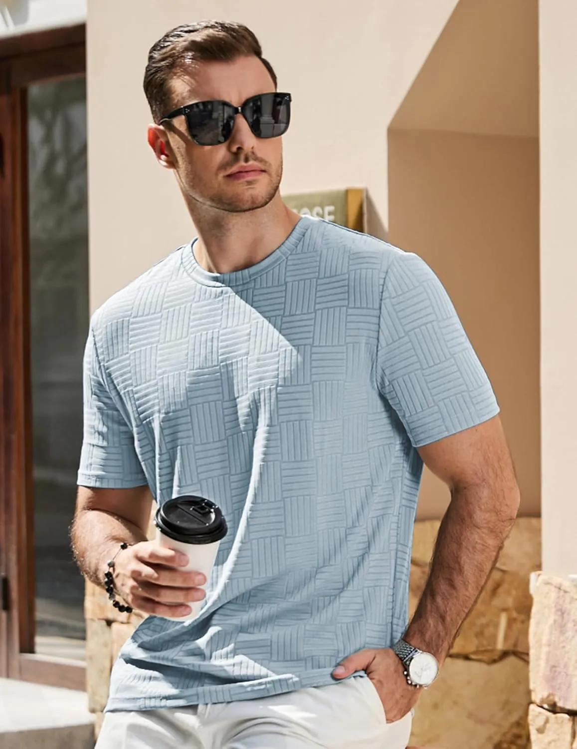 JMIERR Mens T-Shirt Casual Stretch Solid Crewneck Short Sleeve Tees Textured Shirts