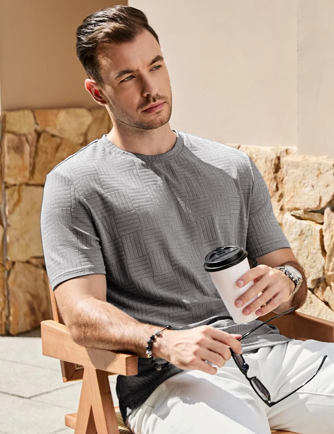 JMIERR Mens T-Shirt Casual Stretch Solid Crewneck Short Sleeve Tees Textured Shirts
