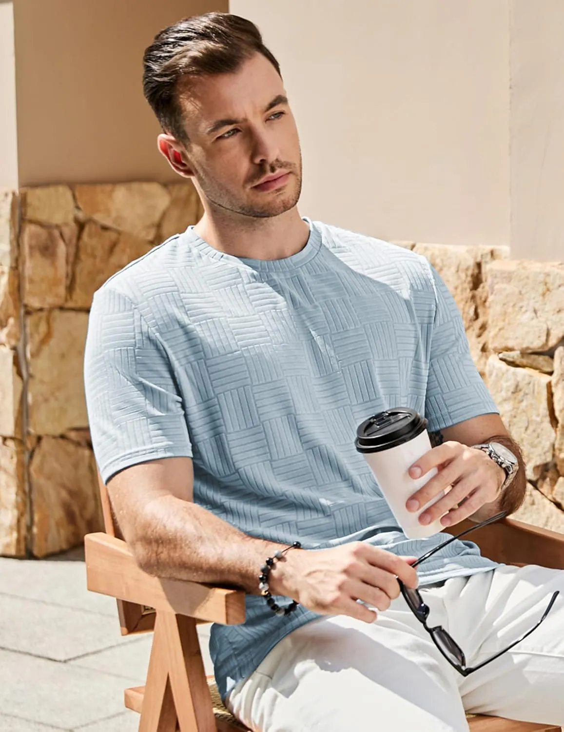 JMIERR Mens T-Shirt Casual Stretch Solid Crewneck Short Sleeve Tees Textured Shirts