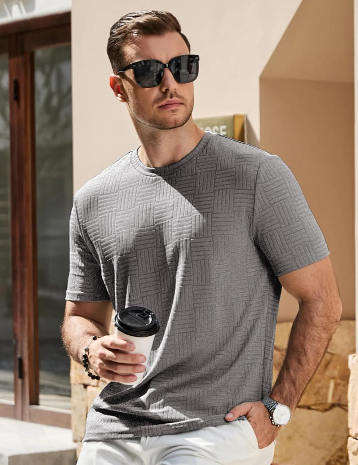 JMIERR Mens T-Shirt Casual Stretch Solid Crewneck Short Sleeve Tees Textured Shirts