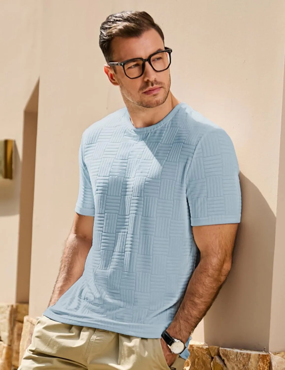JMIERR Mens T-Shirt Casual Stretch Solid Crewneck Short Sleeve Tees Textured Shirts
