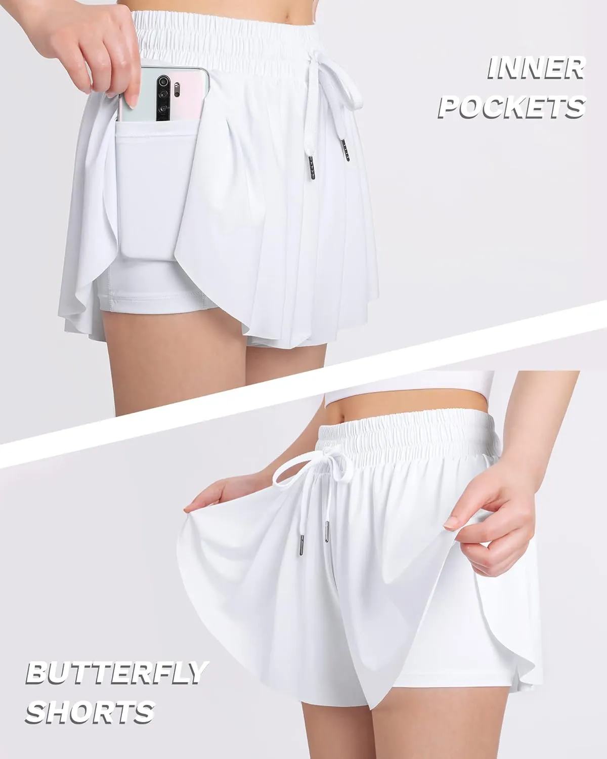 JOCMIC Girls Flowy Shorts, 2 in 1 Preppy Butterfly Shorts with Spandex Liner for Cheer Athletic Gym Teens Casual Clothes