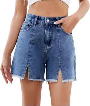 Jorts Women Cut Off High Waisted Long Jean Shorts Wide Leg Denim Bermuda Shorts Knee Length Frayed Hem Jeans