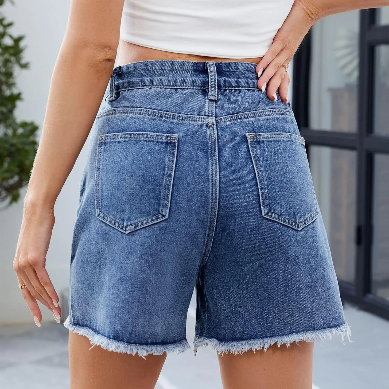 Jorts Women Cut Off High Waisted Long Jean Shorts Wide Leg Denim Bermuda Shorts Knee Length Frayed Hem Jeans