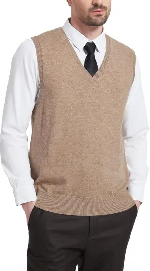 Kallspin Men's Wool Blended Vest Sweater Relaxed Fit V Neck Sleeveless Knitted Pullover
