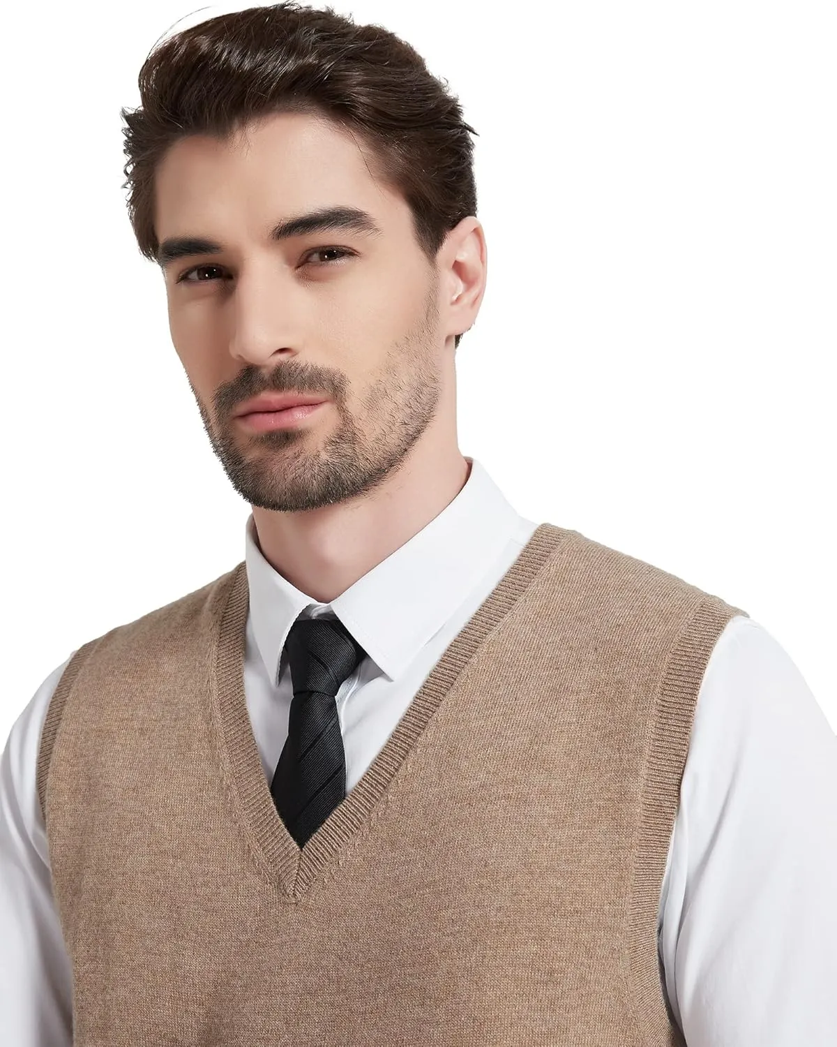 Kallspin Men's Wool Blended Vest Sweater Relaxed Fit V Neck Sleeveless Knitted Pullover