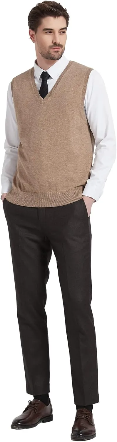 Kallspin Men's Wool Blended Vest Sweater Relaxed Fit V Neck Sleeveless Knitted Pullover