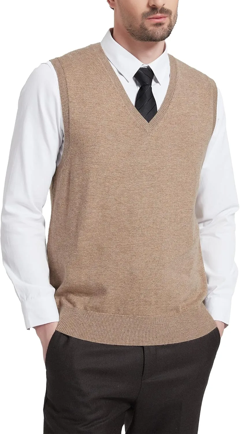 Kallspin Men's Wool Blended Vest Sweater Relaxed Fit V Neck Sleeveless Knitted Pullover