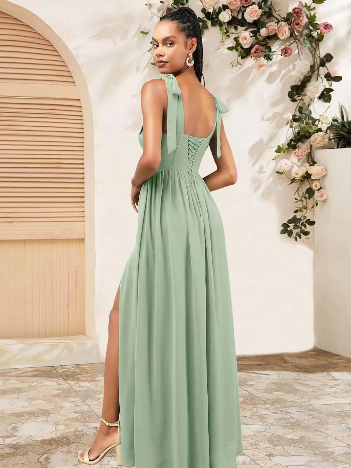 KDTM Tie-Strap Long Bridesmaid Dresses for Women A Line Chiffon Corest Formal Dress with Slit KD004