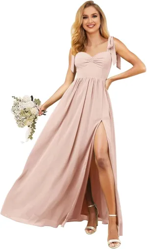 KDTM Tie-Strap Long Bridesmaid Dresses for Women A Line Chiffon Corest Formal Dress with Slit KD004
