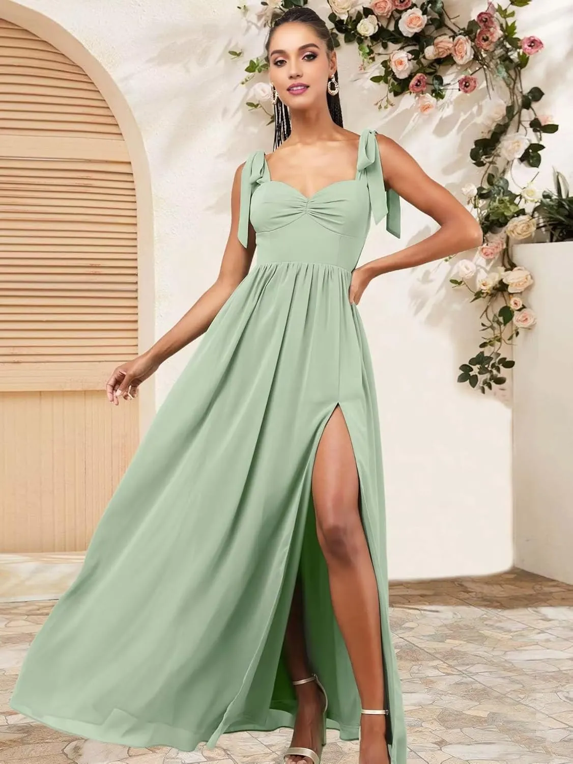 KDTM Tie-Strap Long Bridesmaid Dresses for Women A Line Chiffon Corest Formal Dress with Slit KD004
