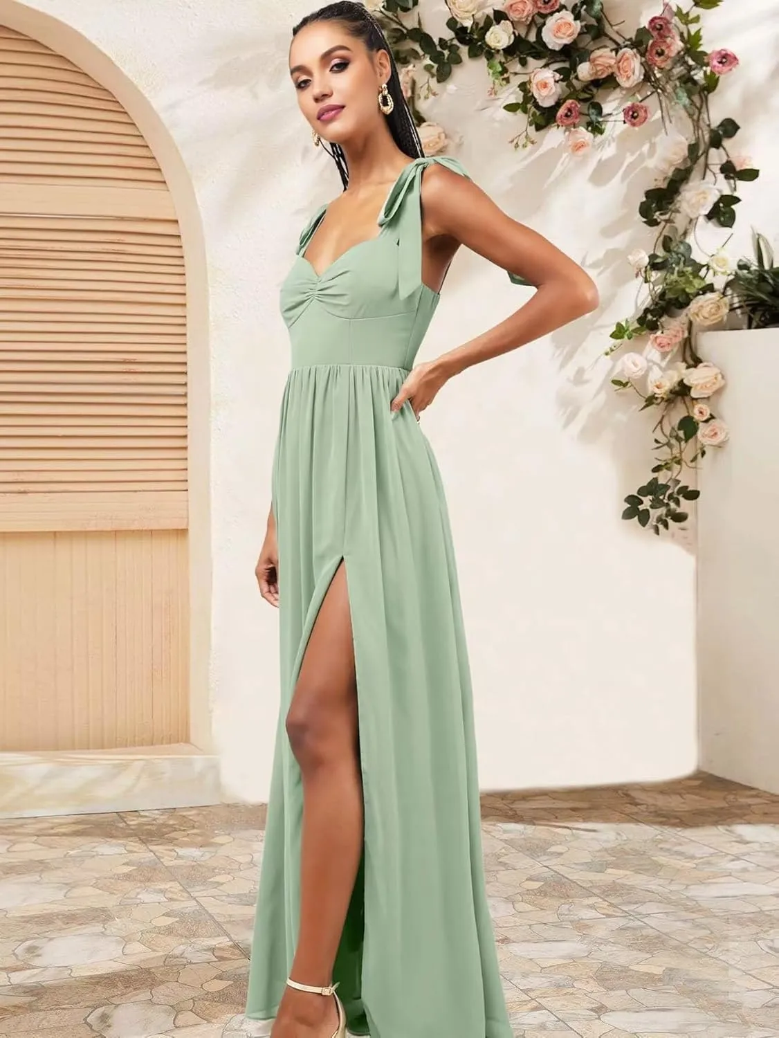 KDTM Tie-Strap Long Bridesmaid Dresses for Women A Line Chiffon Corest Formal Dress with Slit KD004