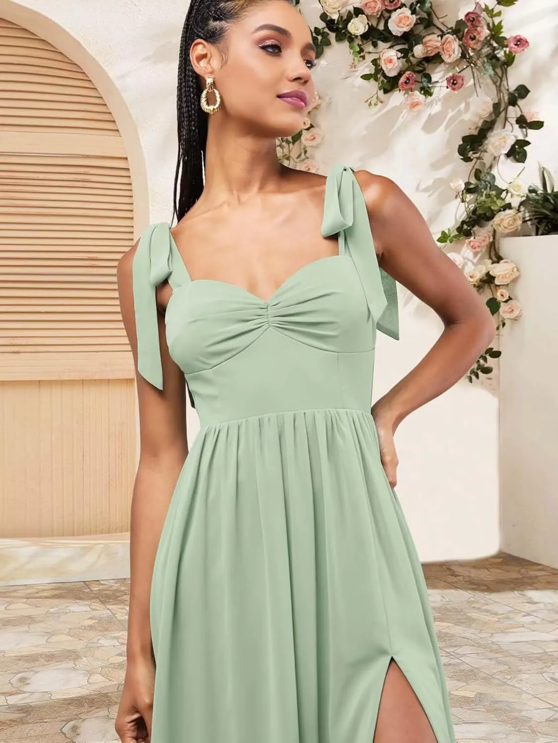 KDTM Tie-Strap Long Bridesmaid Dresses for Women A Line Chiffon Corest Formal Dress with Slit KD004
