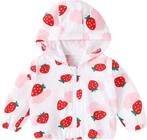 Kids Baby Toddler Girls Strawberry Print Spring Fall Outerwear Windbreaker Zipper Hooded Jackets Coat Rain Jacket