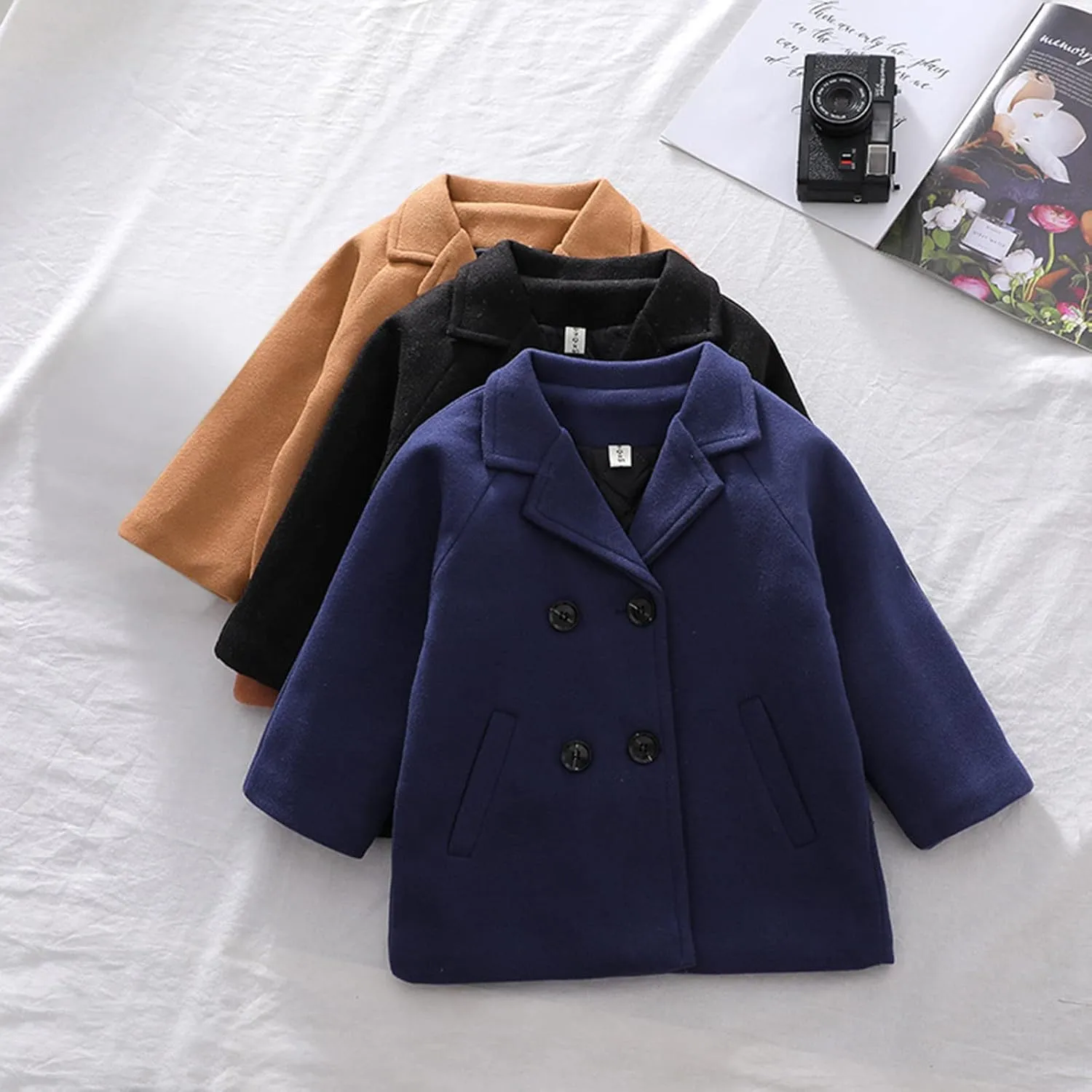 Kids Trench Coat for Toddler Boy Girls Woolden Overcoat Winter Dress Peacoat Double Breasted Wool Coat 1-5 Years