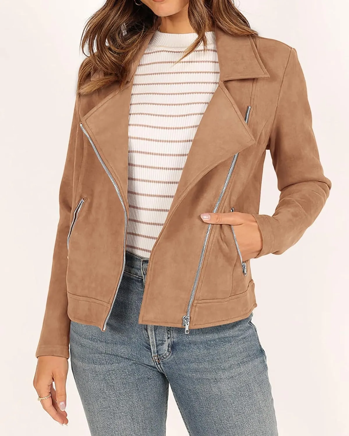 KIRUNDO Womens Faux Suede Jacket 2024 Fall Winter Clothes Casual Zipper Cropped Coat Bomber Biker Moto Jackets Outwear