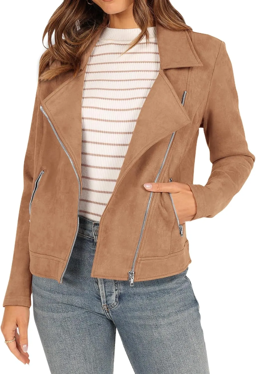 KIRUNDO Womens Faux Suede Jacket 2024 Fall Winter Clothes Casual Zipper Cropped Coat Bomber Biker Moto Jackets Outwear