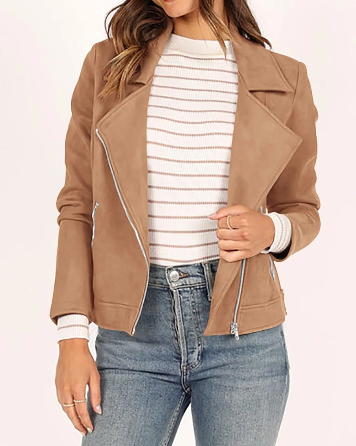 KIRUNDO Womens Faux Suede Jacket 2024 Fall Winter Clothes Casual Zipper Cropped Coat Bomber Biker Moto Jackets Outwear