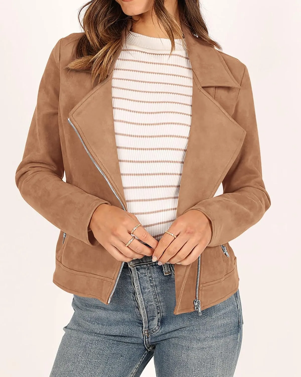 KIRUNDO Womens Faux Suede Jacket 2024 Fall Winter Clothes Casual Zipper Cropped Coat Bomber Biker Moto Jackets Outwear