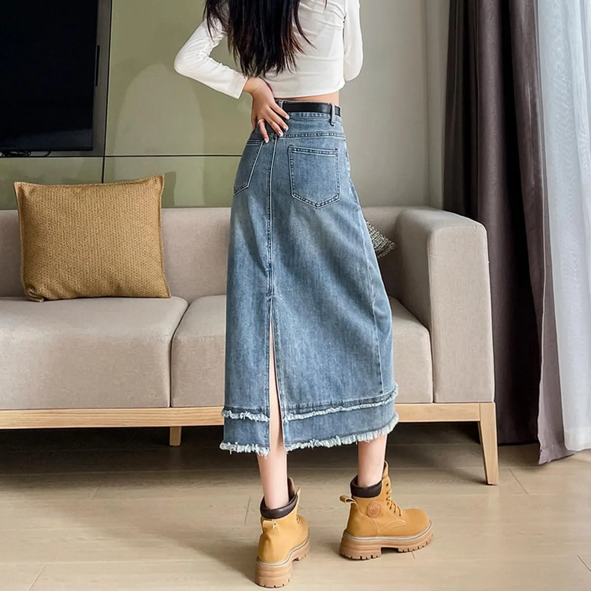 Korean Retro Denim Skirt, Women's high Waisted, Ruffled Half Length Denim Skirt, Gothic Denim Skirt